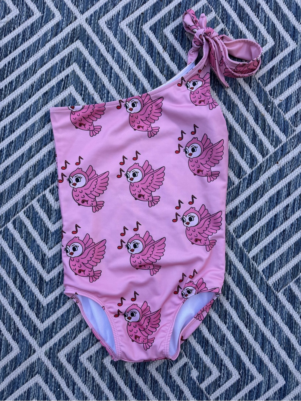 Girls' Pink One-Shoulder Swimsuit with Singing Owl Print